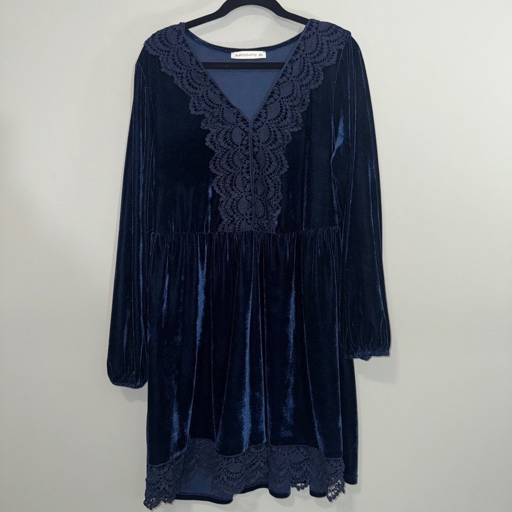 Rusttydustty Womens 2XL Navy Blue Velvet Lace Trim V-Neck Babydoll Mini Dress